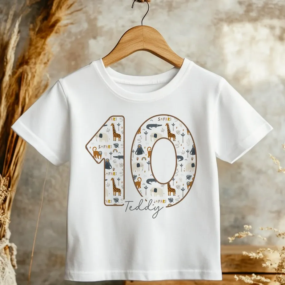 10th Birthday Safari Animals Theme Personalised Kids T Shirt