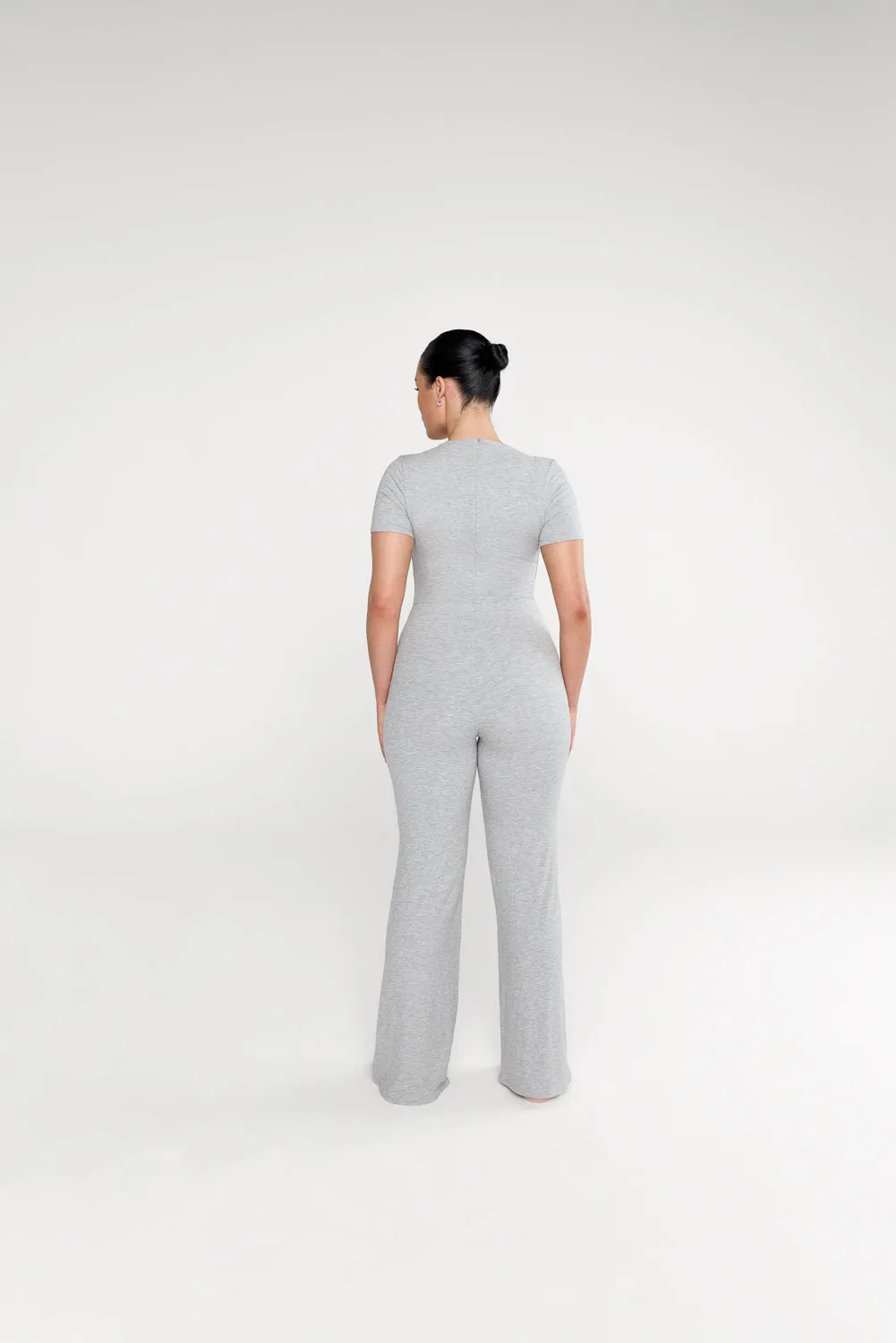 365 SCULPTING LOUNGE SHORT SLEEVE WIDE LEG JUMPSUIT - GREY MARL