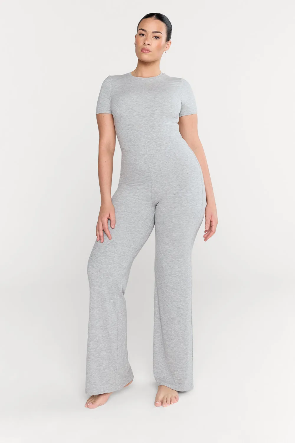365 SCULPTING LOUNGE SHORT SLEEVE WIDE LEG JUMPSUIT - GREY MARL