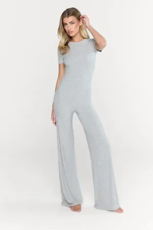 365 SCULPTING LOUNGE SHORT SLEEVE WIDE LEG JUMPSUIT - GREY MARL