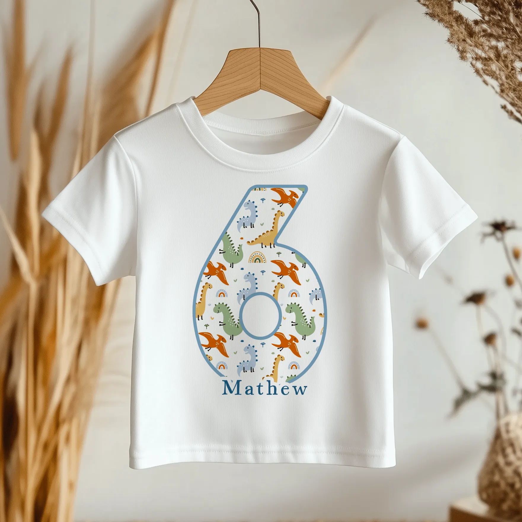 6th Birthday Dinosaur Pattern Personalised Kids T Shirt
