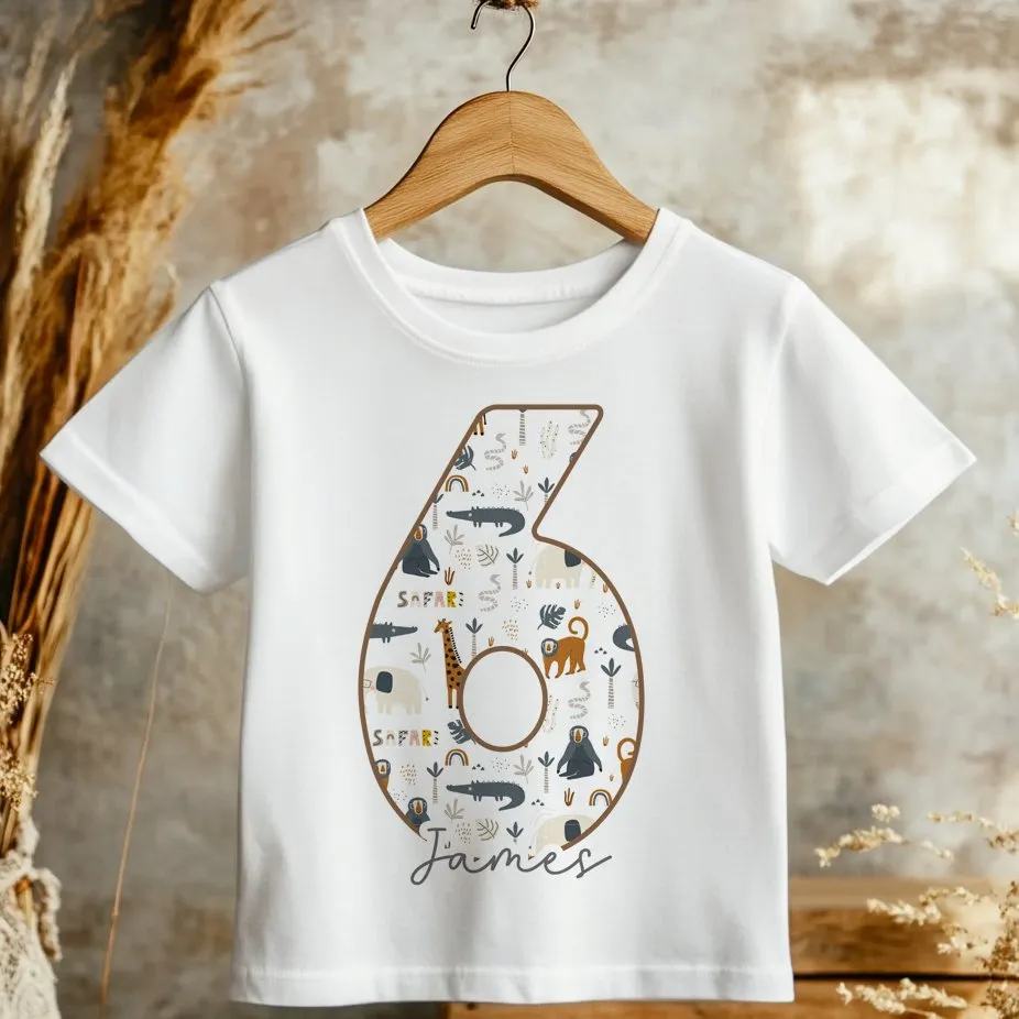 6th Birthday Safari Animals Theme Personalised Kids T Shirt