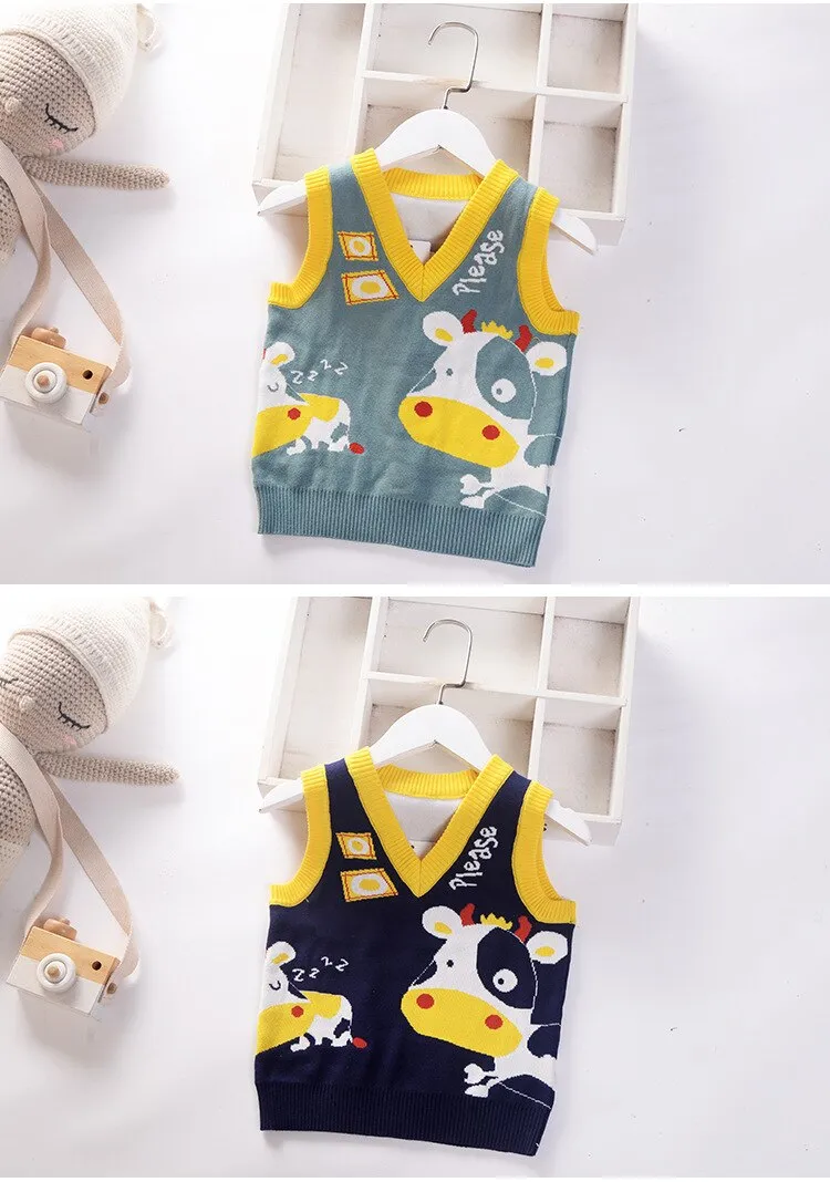 Baby Boys Cartoon Print Knitted Vest - Blue, Navy, Green
