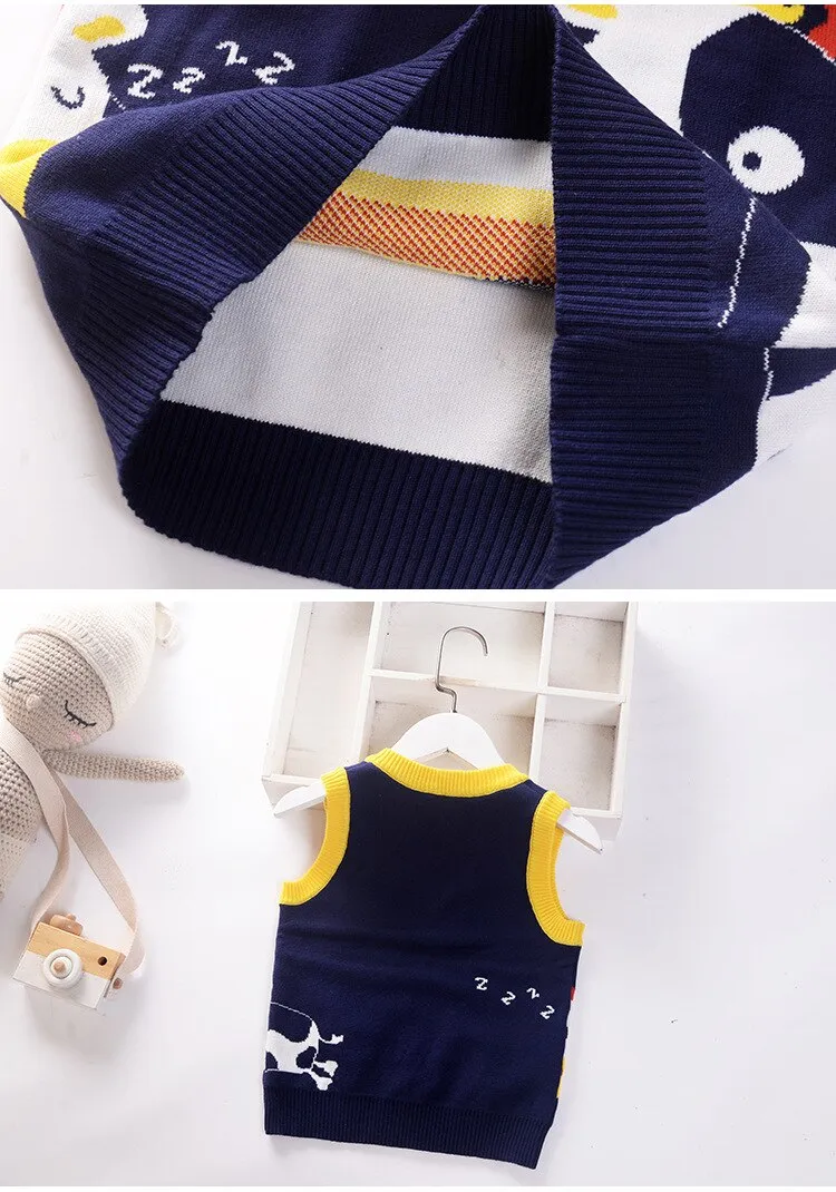 Baby Boys Cartoon Print Knitted Vest - Blue, Navy, Green