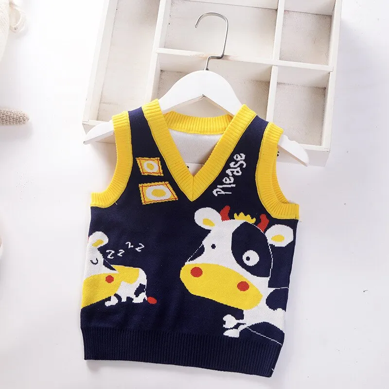 Baby Boys Cartoon Print Knitted Vest - Blue, Navy, Green