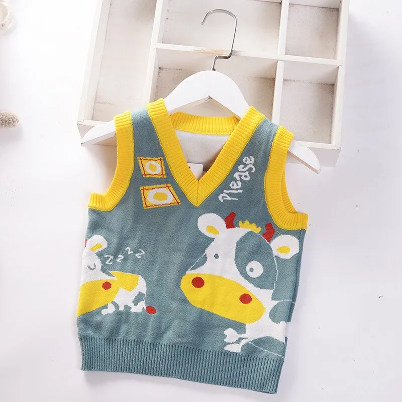 Baby Boys Cartoon Print Knitted Vest - Blue, Navy, Green