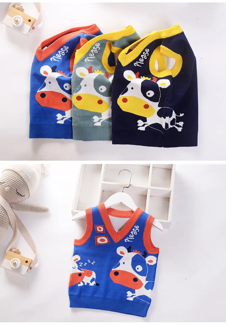 Baby Boys Cartoon Print Knitted Vest - Blue, Navy, Green