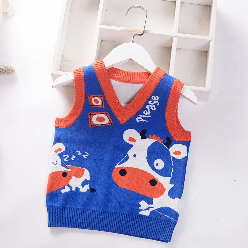 Baby Boys Cartoon Print Knitted Vest - Blue, Navy, Green