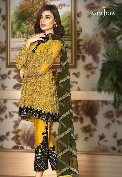 Beautiful chiffon dress by asim jofa in green yellow and dark green color Model#C 860