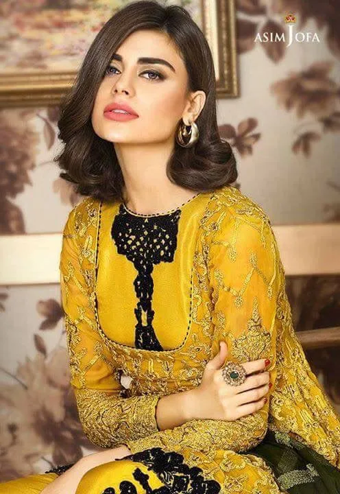 Beautiful chiffon dress by asim jofa in green yellow and dark green color Model#C 860