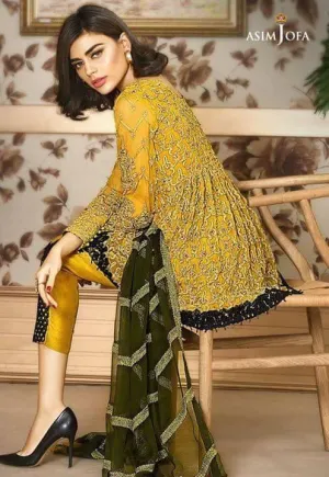 Beautiful chiffon dress by asim jofa in green yellow and dark green color Model#C 860