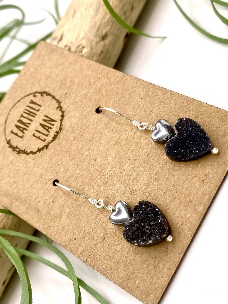 Black Druzy Heart Earrings