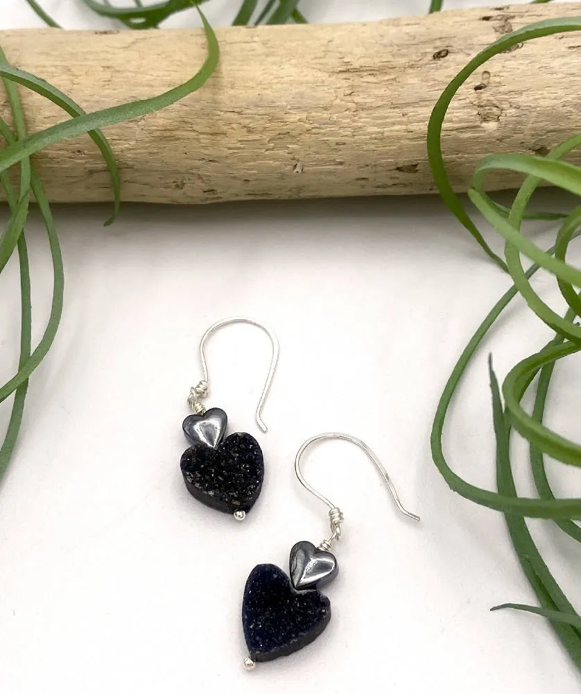 Black Druzy Heart Earrings