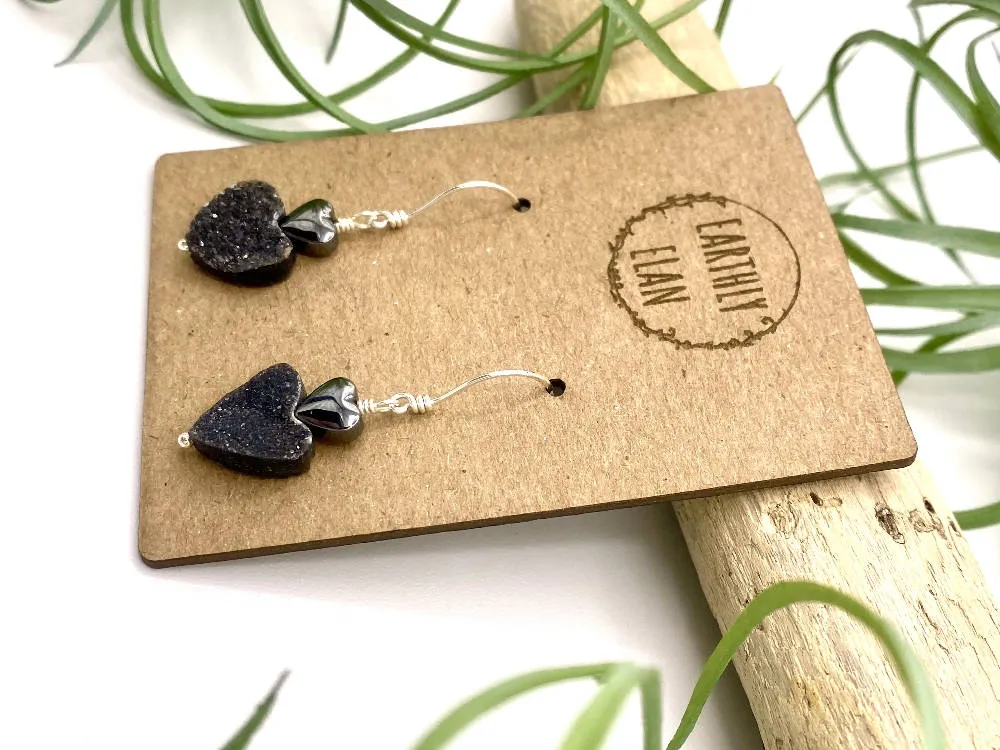 Black Druzy Heart Earrings