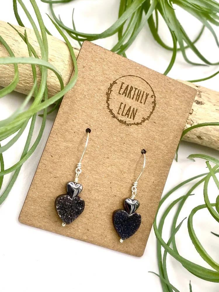 Black Druzy Heart Earrings