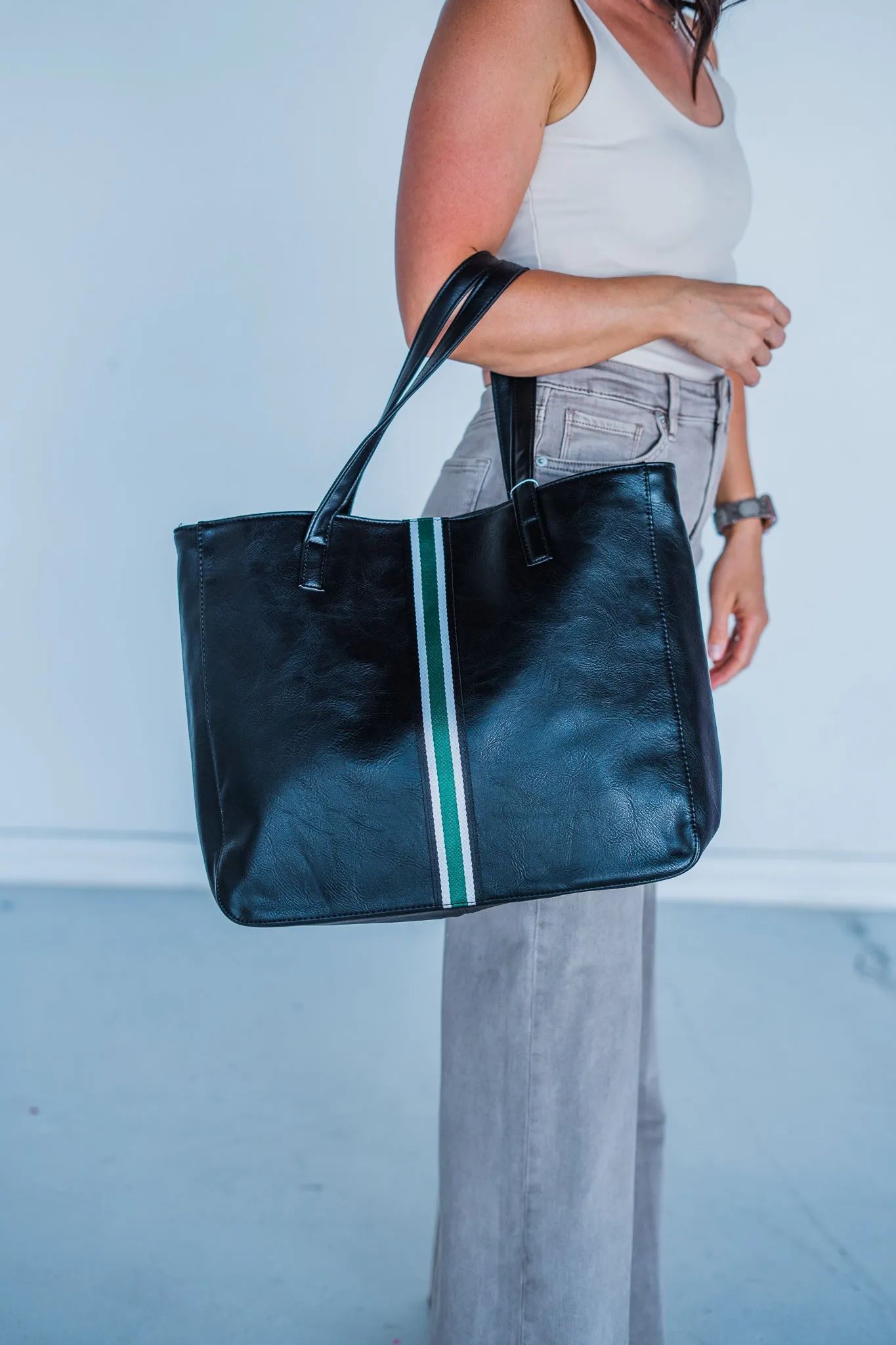 Black   Green Stripe Vegan Tote