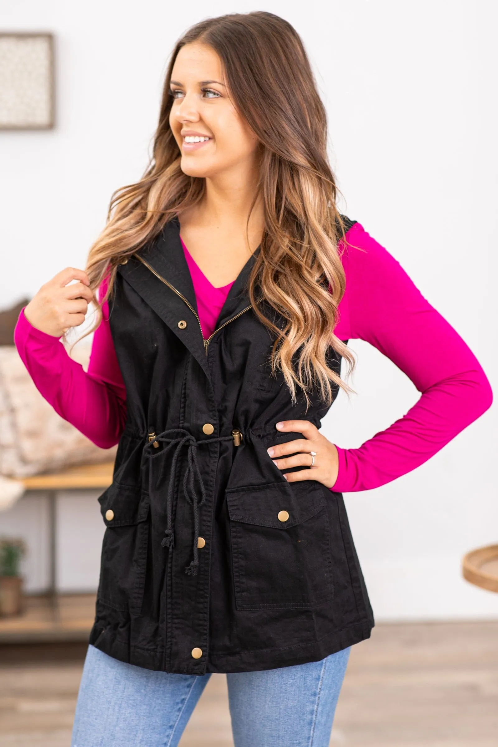 Black Military Vest With Hood