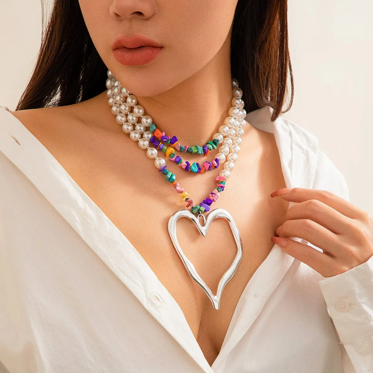 Bohemia Layered Heart Pendant Turquoise Pearl Chain Choker Necklace
