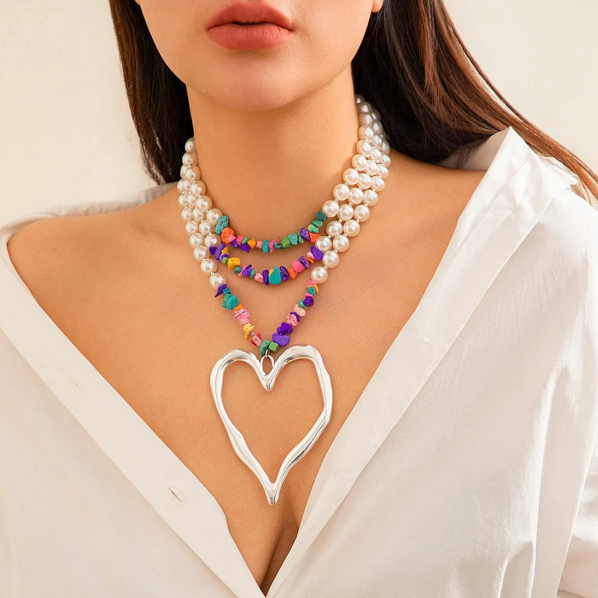 Bohemia Layered Heart Pendant Turquoise Pearl Chain Choker Necklace