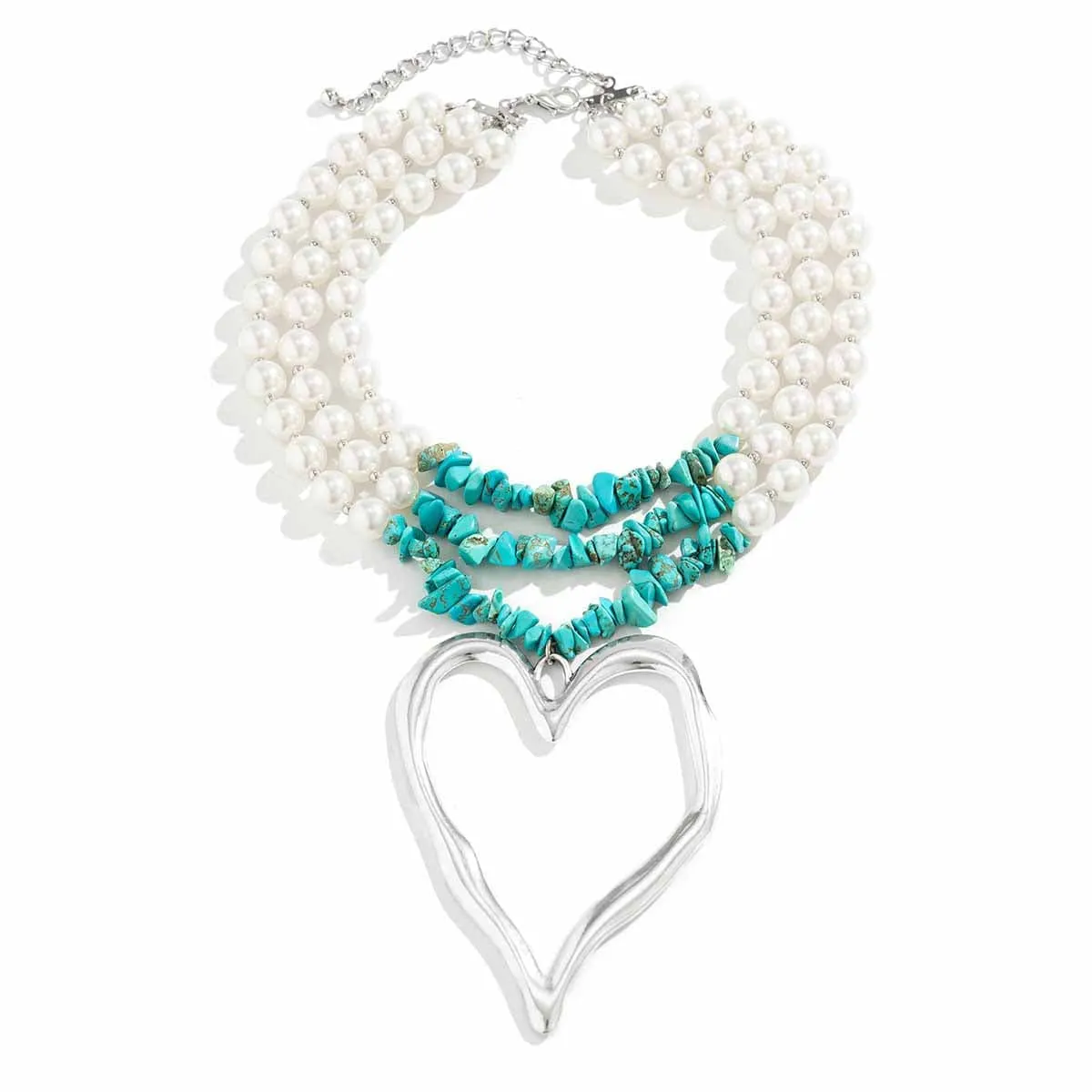 Bohemia Layered Heart Pendant Turquoise Pearl Chain Choker Necklace