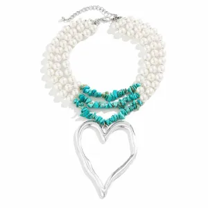 Bohemia Layered Heart Pendant Turquoise Pearl Chain Choker Necklace