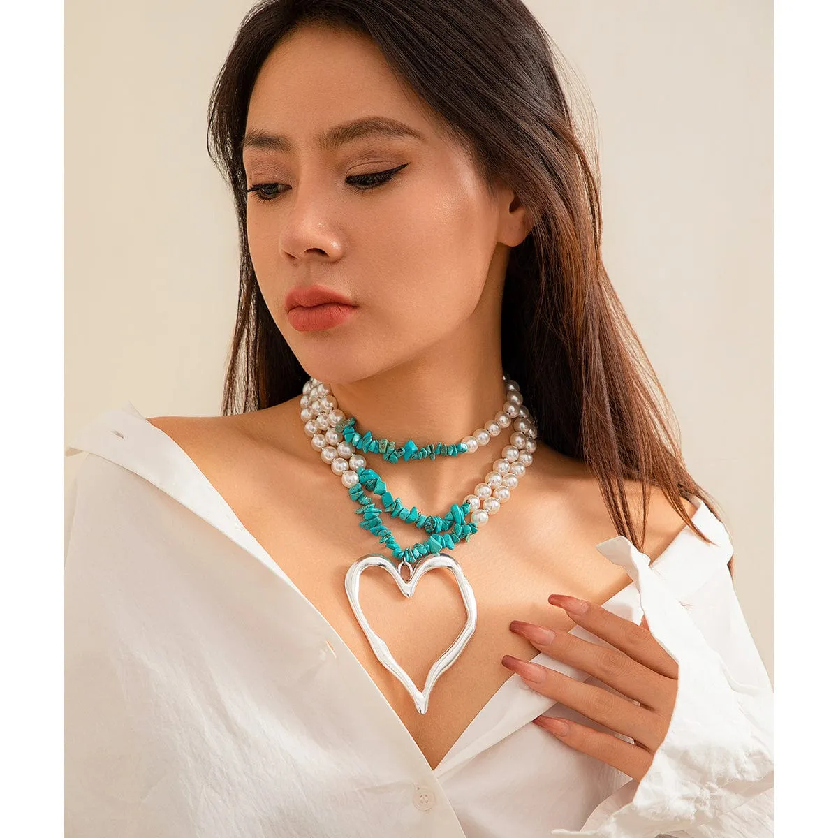 Bohemia Layered Heart Pendant Turquoise Pearl Chain Choker Necklace