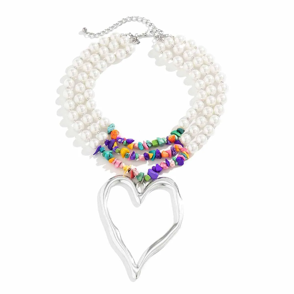 Bohemia Layered Heart Pendant Turquoise Pearl Chain Choker Necklace