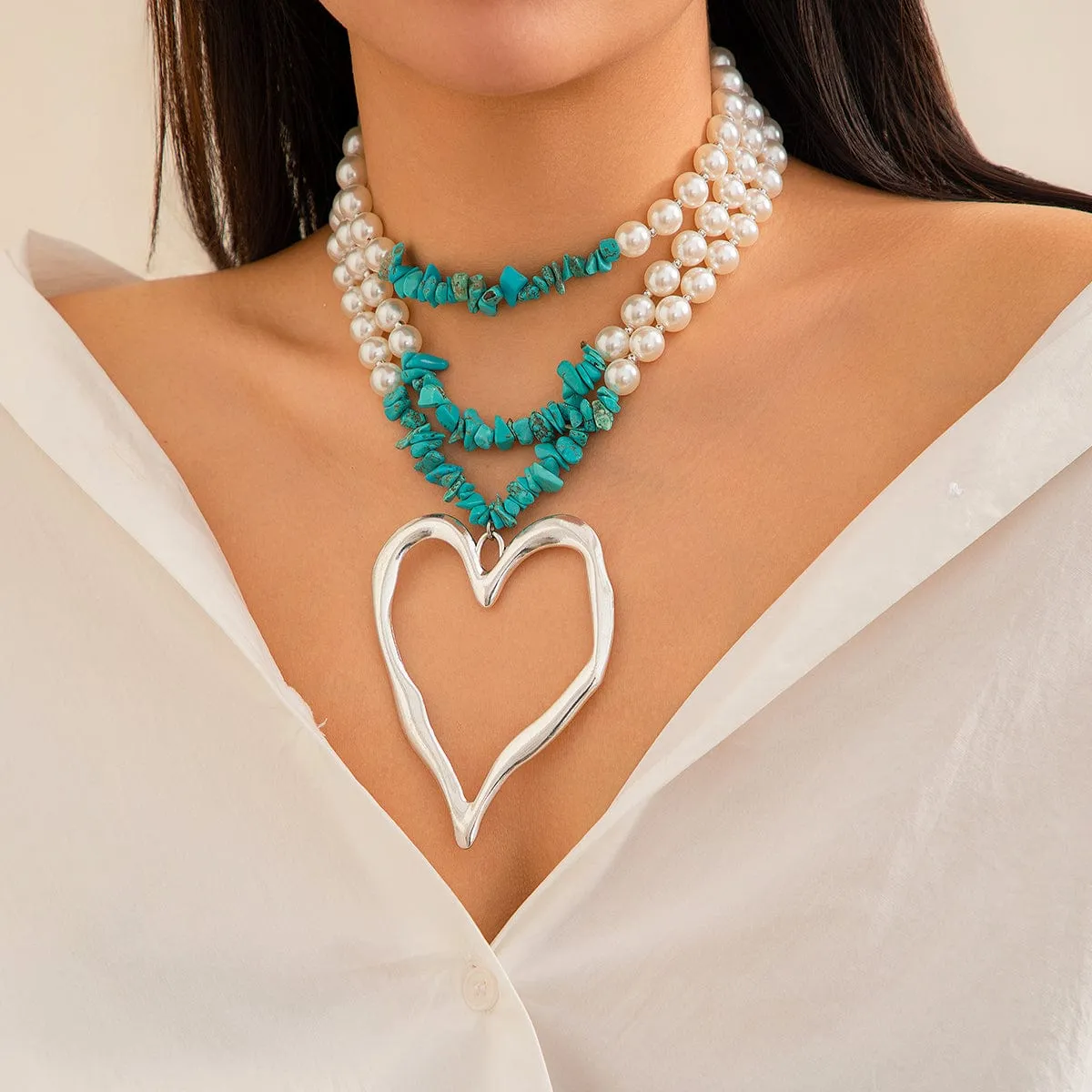 Bohemia Layered Heart Pendant Turquoise Pearl Chain Choker Necklace