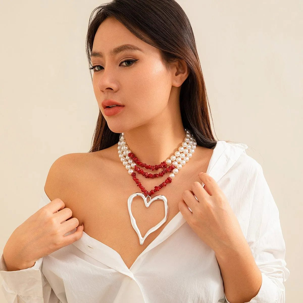 Bohemia Layered Heart Pendant Turquoise Pearl Chain Choker Necklace