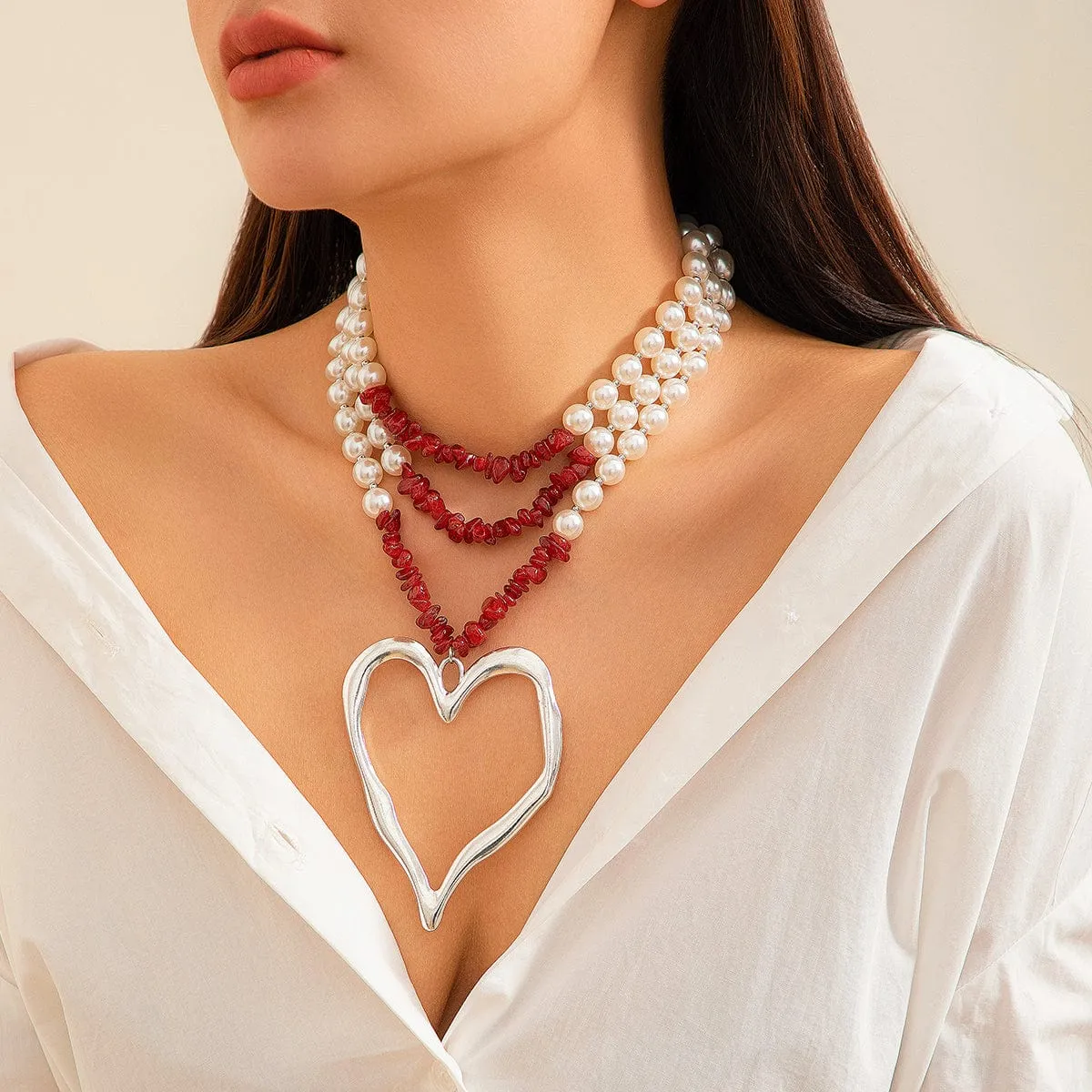 Bohemia Layered Heart Pendant Turquoise Pearl Chain Choker Necklace