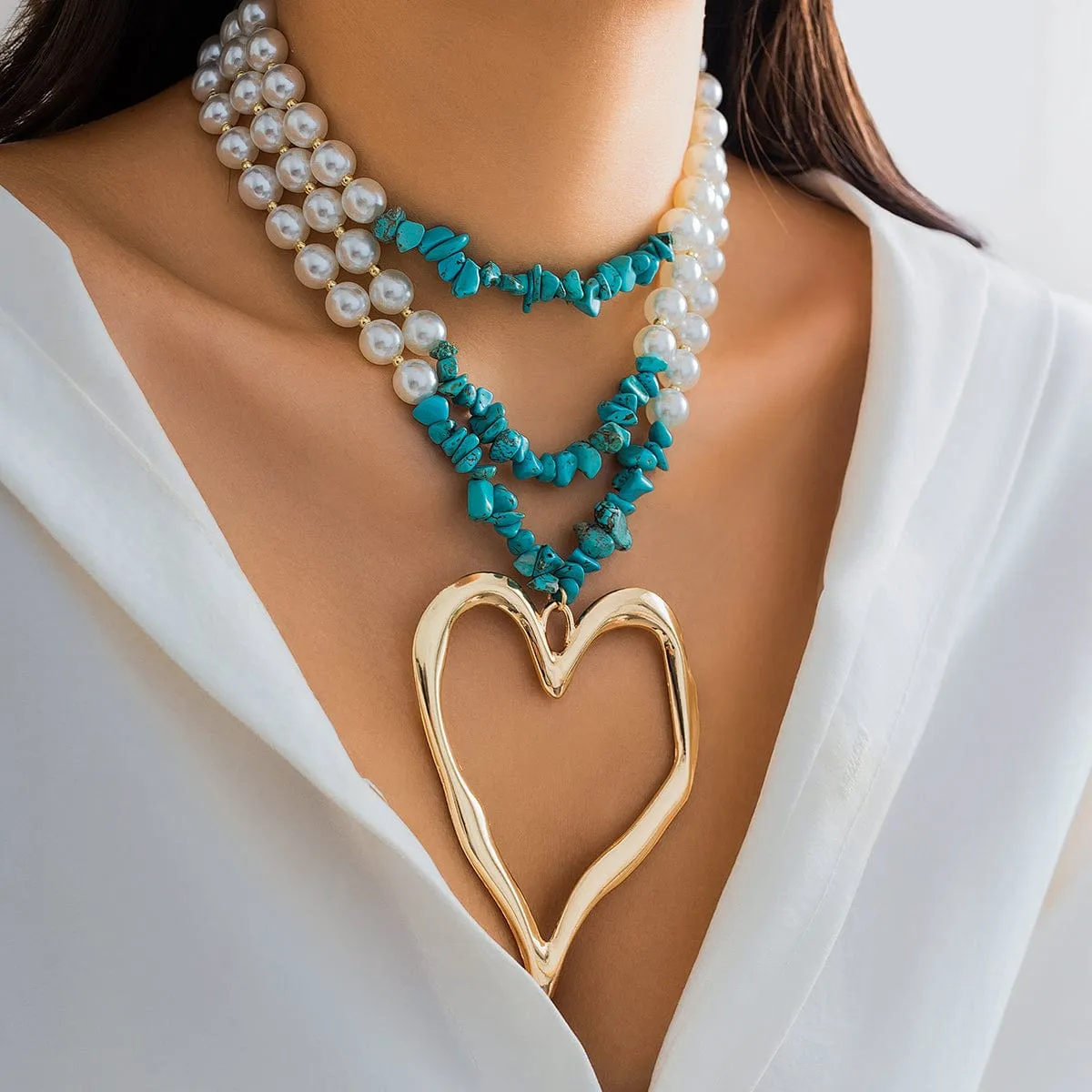Boho Layered Turquoise Pearl Chain Heart Pendant Choker Necklace