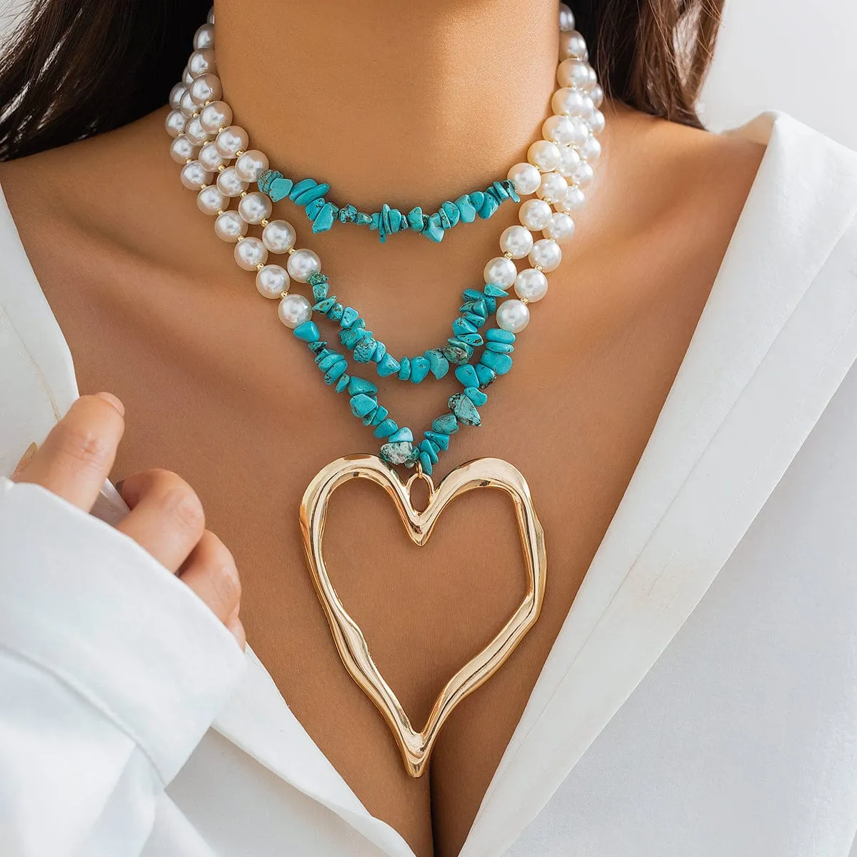 Boho Layered Turquoise Pearl Chain Heart Pendant Choker Necklace
