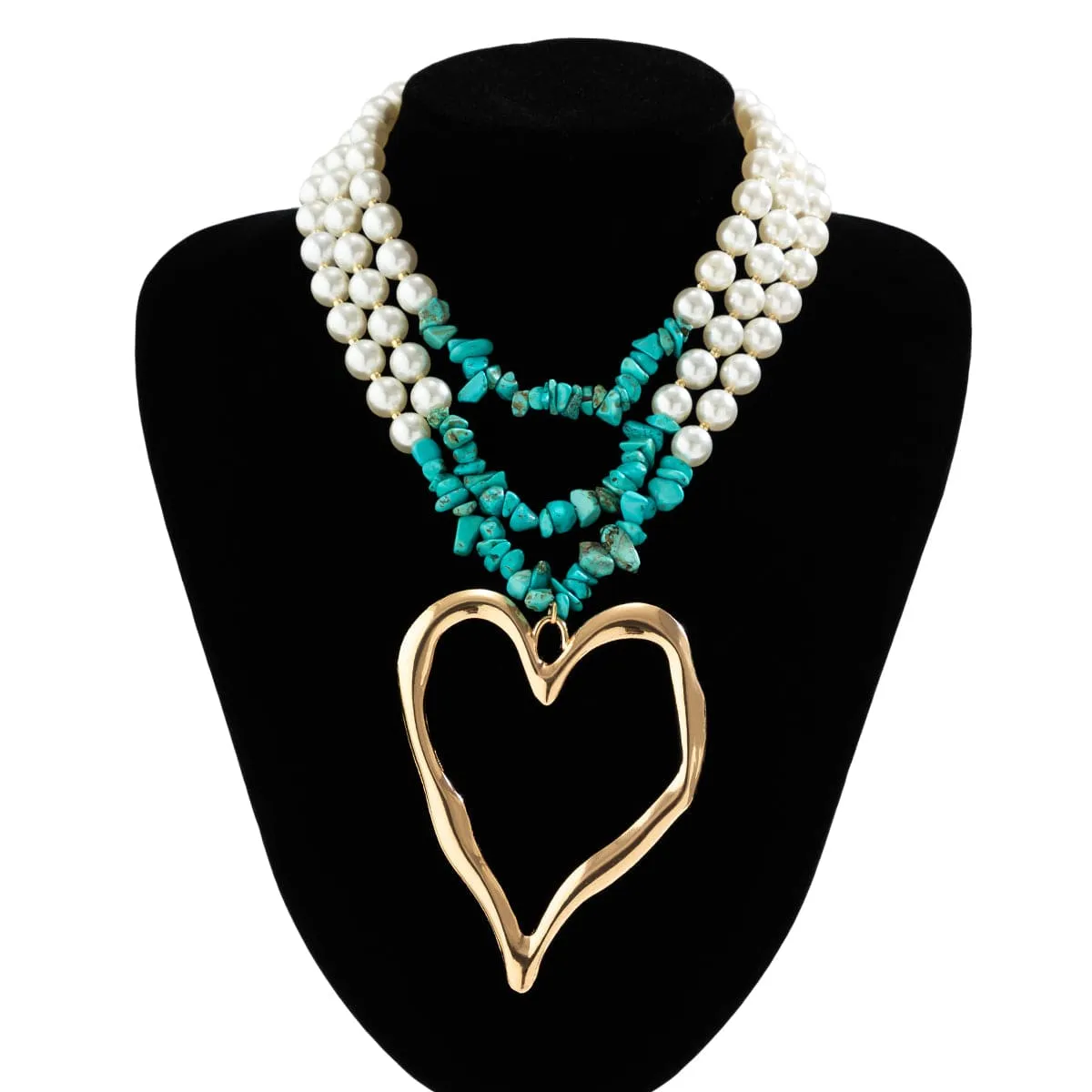 Boho Layered Turquoise Pearl Chain Heart Pendant Choker Necklace