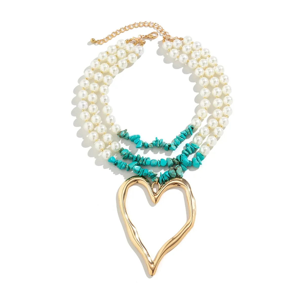 Boho Layered Turquoise Pearl Chain Heart Pendant Choker Necklace