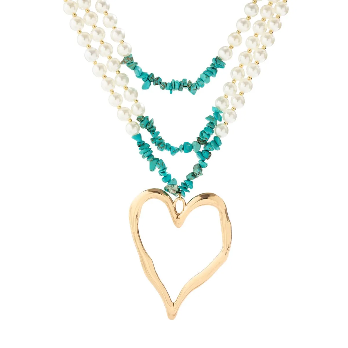 Boho Layered Turquoise Pearl Chain Heart Pendant Choker Necklace