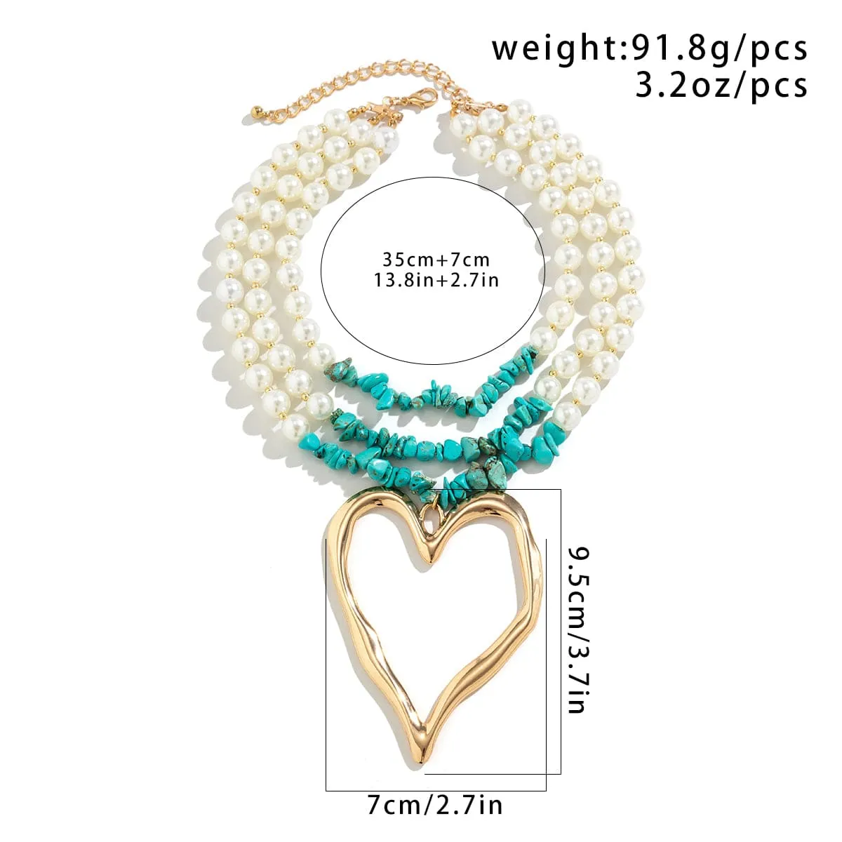 Boho Layered Turquoise Pearl Chain Heart Pendant Choker Necklace