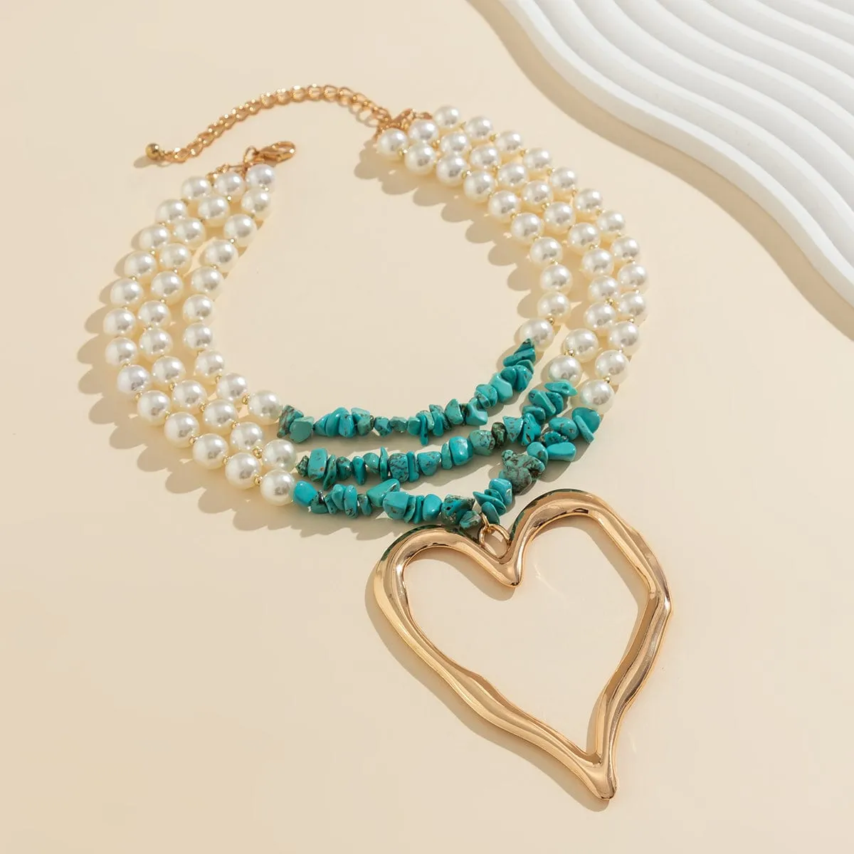 Boho Layered Turquoise Pearl Chain Heart Pendant Choker Necklace