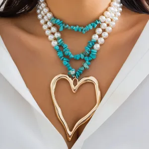 Boho Layered Turquoise Pearl Chain Heart Pendant Choker Necklace