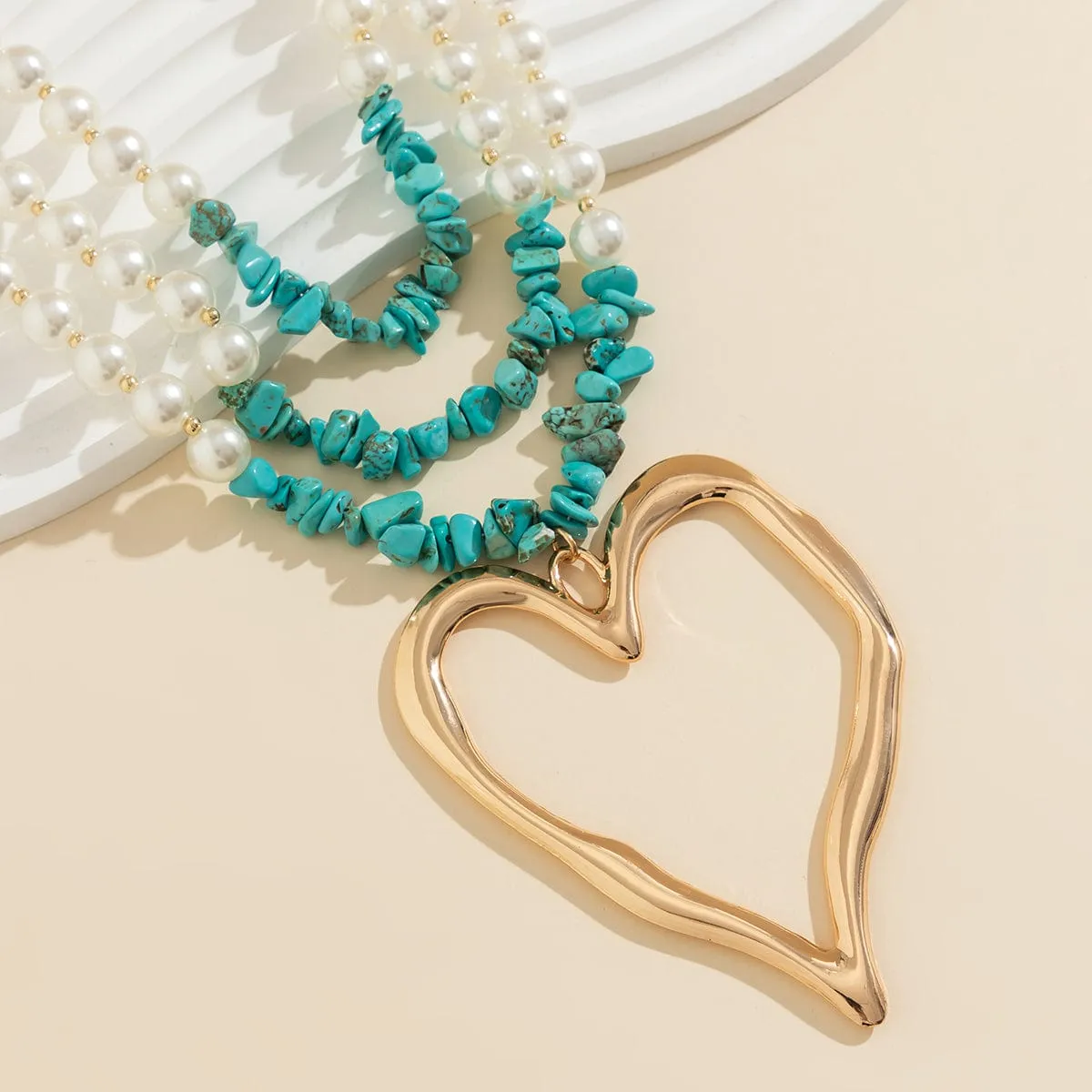 Boho Layered Turquoise Pearl Chain Heart Pendant Choker Necklace