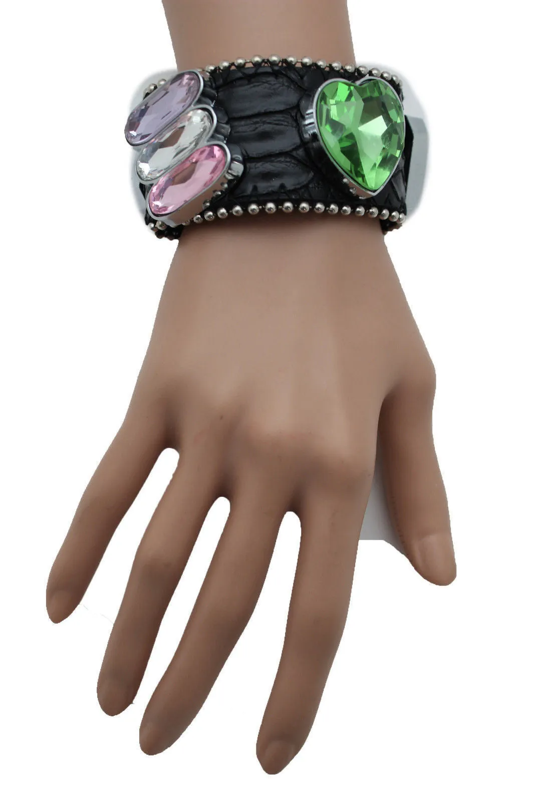 Brown Black Leather Bracelet Big Colorful Rhinestones Bead