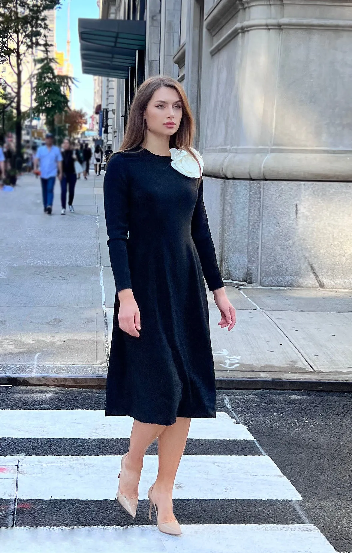 CaeliNYC Dorothea A-line Long Sleeve Dress with Flower Applique
