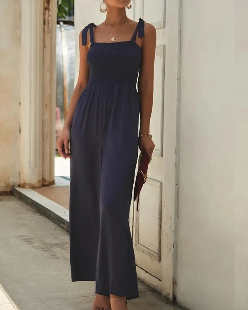 Casual Bow Tie Shoulder Wide-leg Jumpsuit