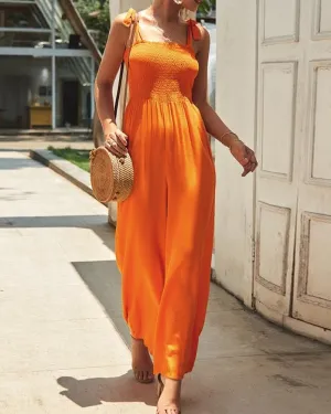 Casual Bow Tie Shoulder Wide-leg Jumpsuit