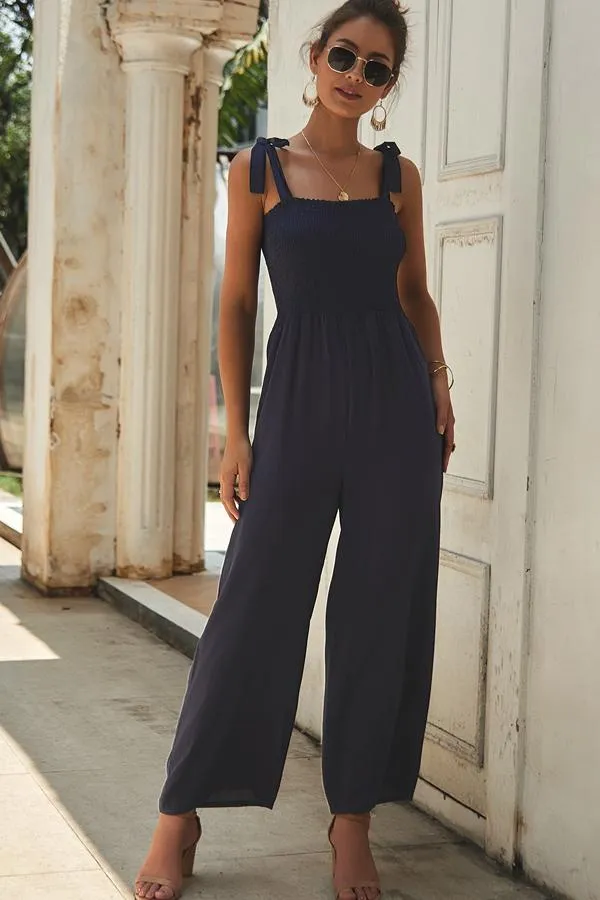 Casual Bow Tie Shoulder Wide-leg Jumpsuit