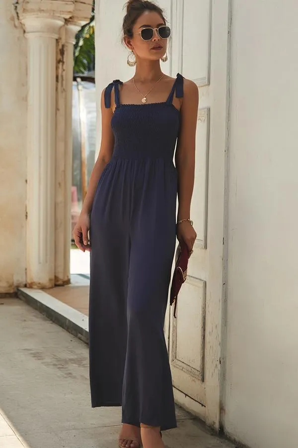 Casual Bow Tie Shoulder Wide-leg Jumpsuit