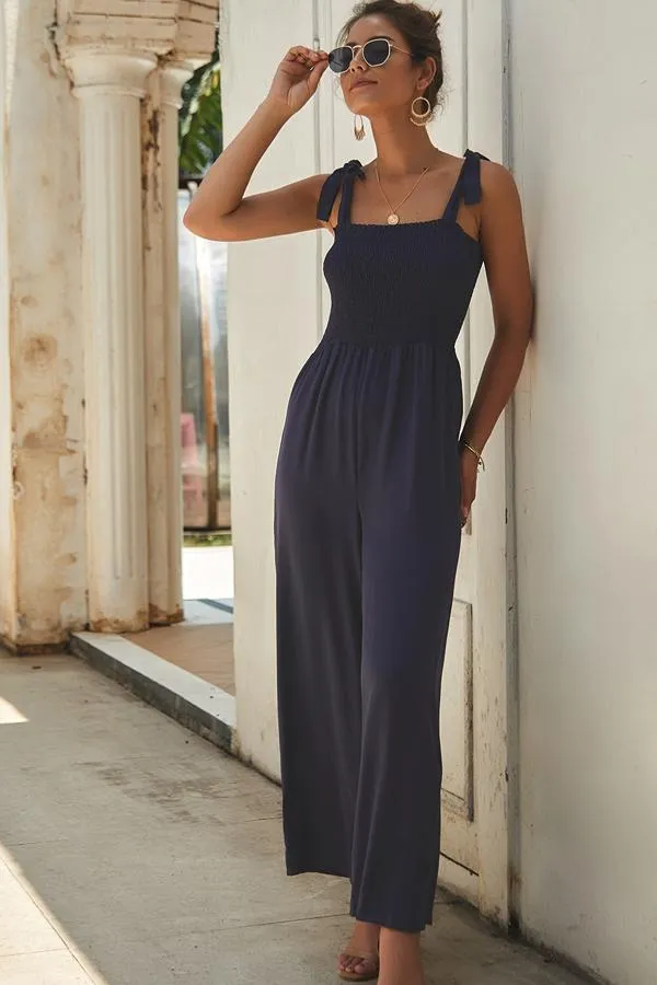 Casual Bow Tie Shoulder Wide-leg Jumpsuit