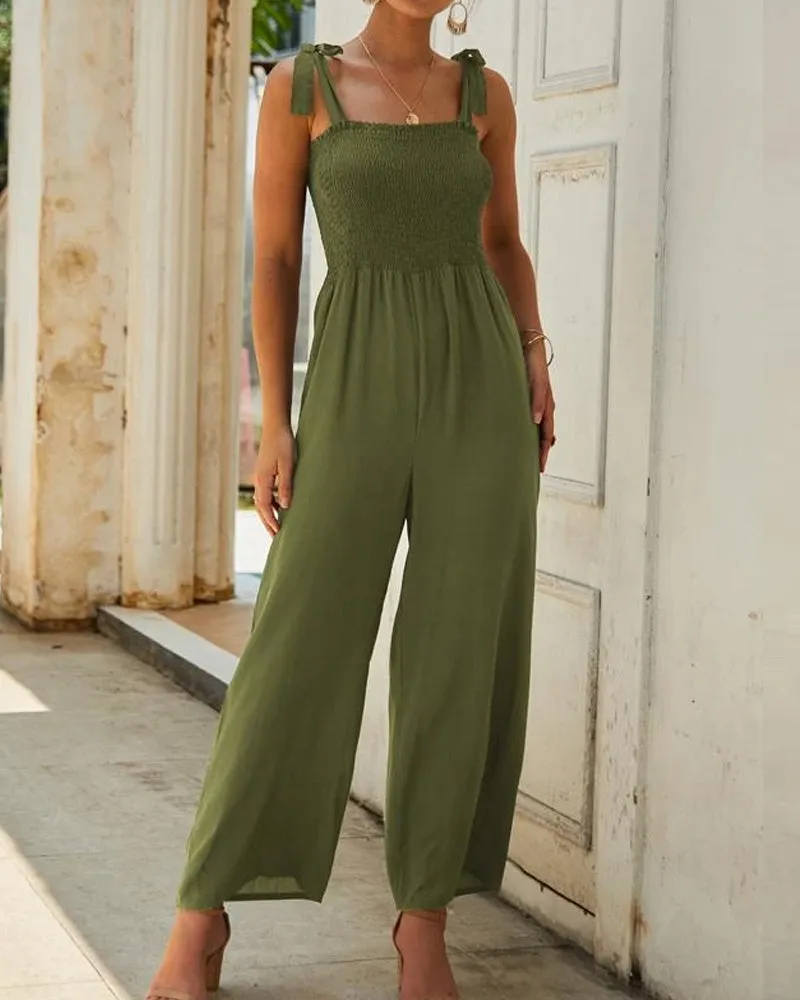 Casual Bow Tie Shoulder Wide-leg Jumpsuit