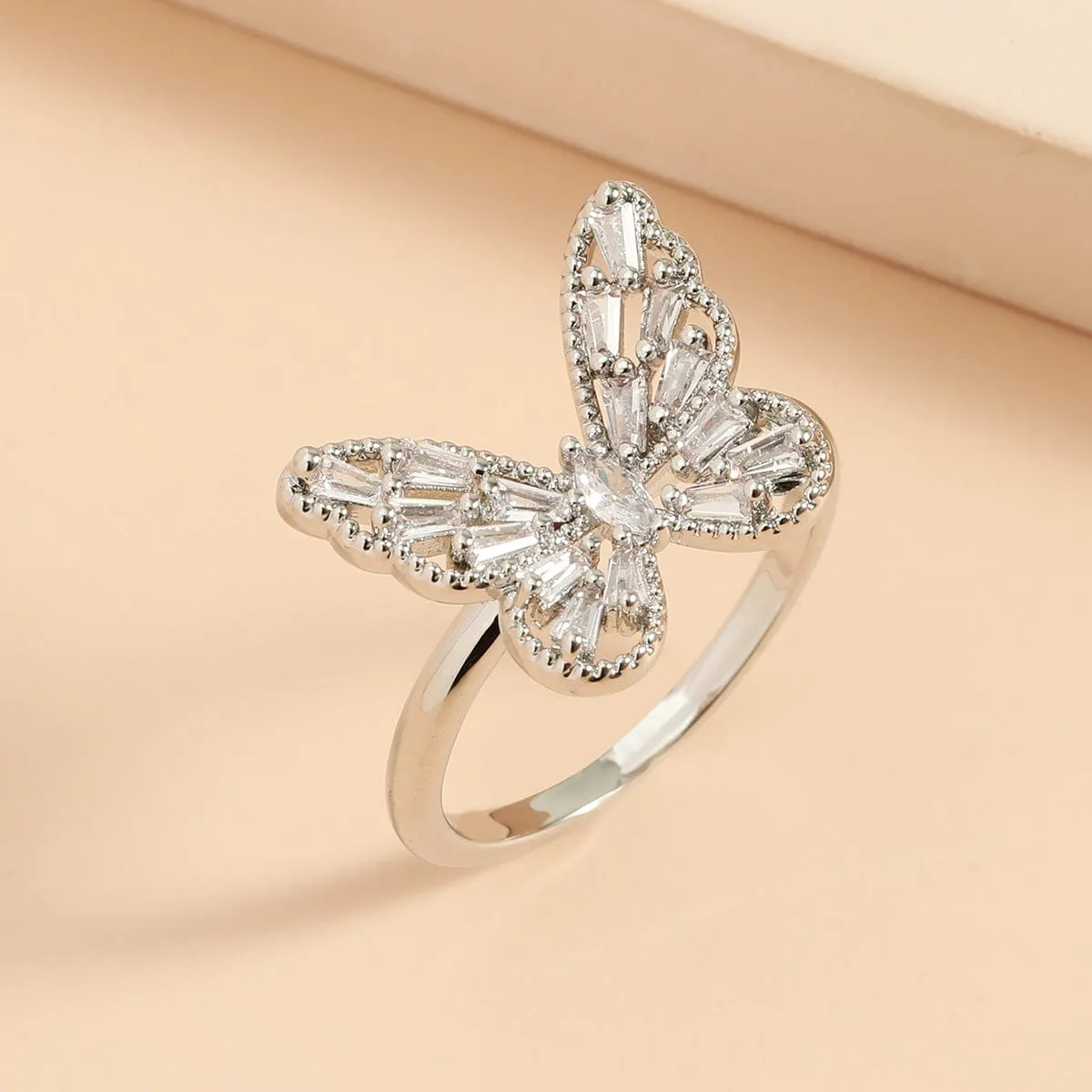 Chic CZ Inlaid Hollowed-out Butterfly Ring