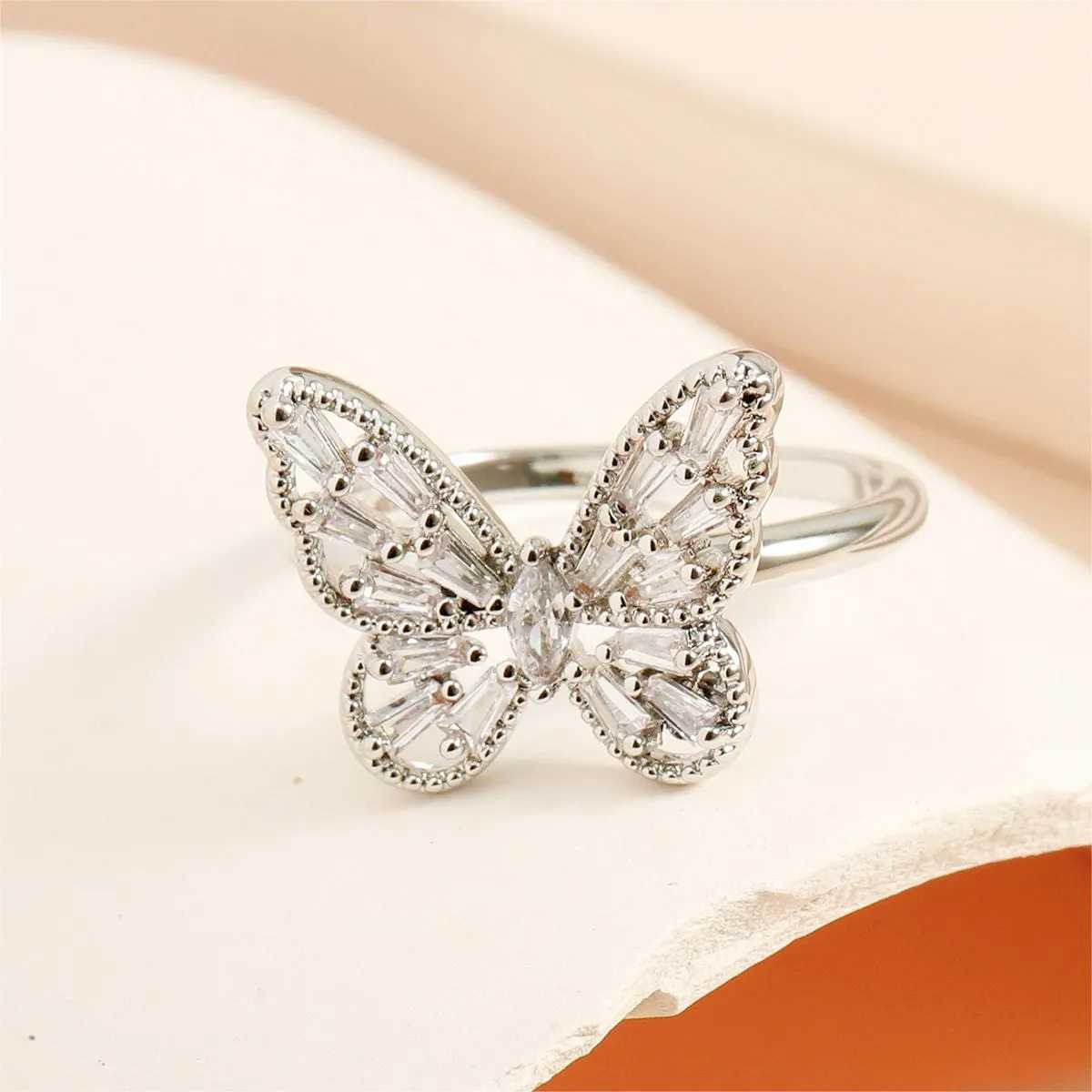 Chic CZ Inlaid Hollowed-out Butterfly Ring