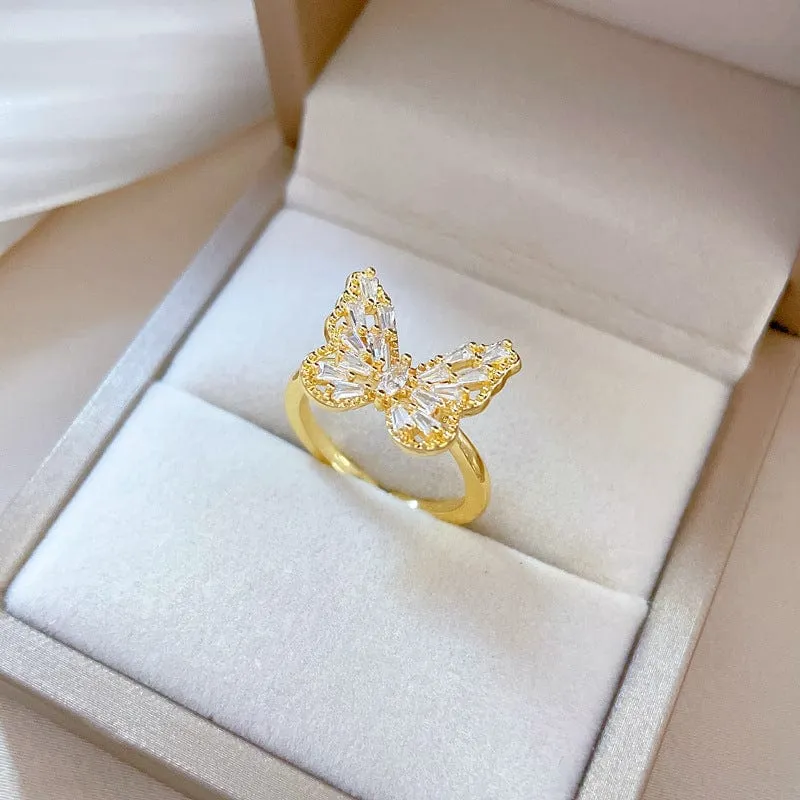 Chic CZ Inlaid Hollowed-out Butterfly Ring